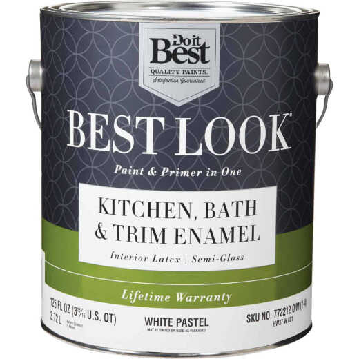 Best Look Latex Paint & Primer In One Kitchen Bath & Trim Semi-Gloss Interior Wall Paint, White-Pastel Base, 1 Gal.